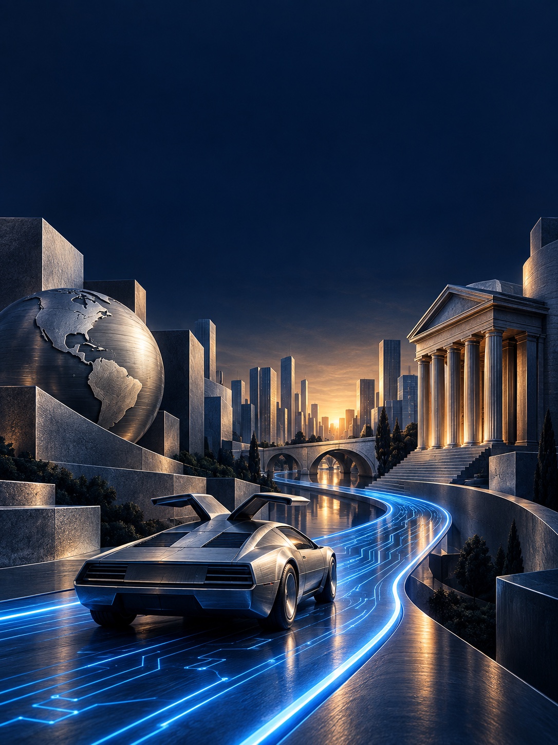 Original conceptual illustration: a sculptural silver gull-wing car follows a blue circuit road toward a financial skyline. Not a product rendering or a data chart.