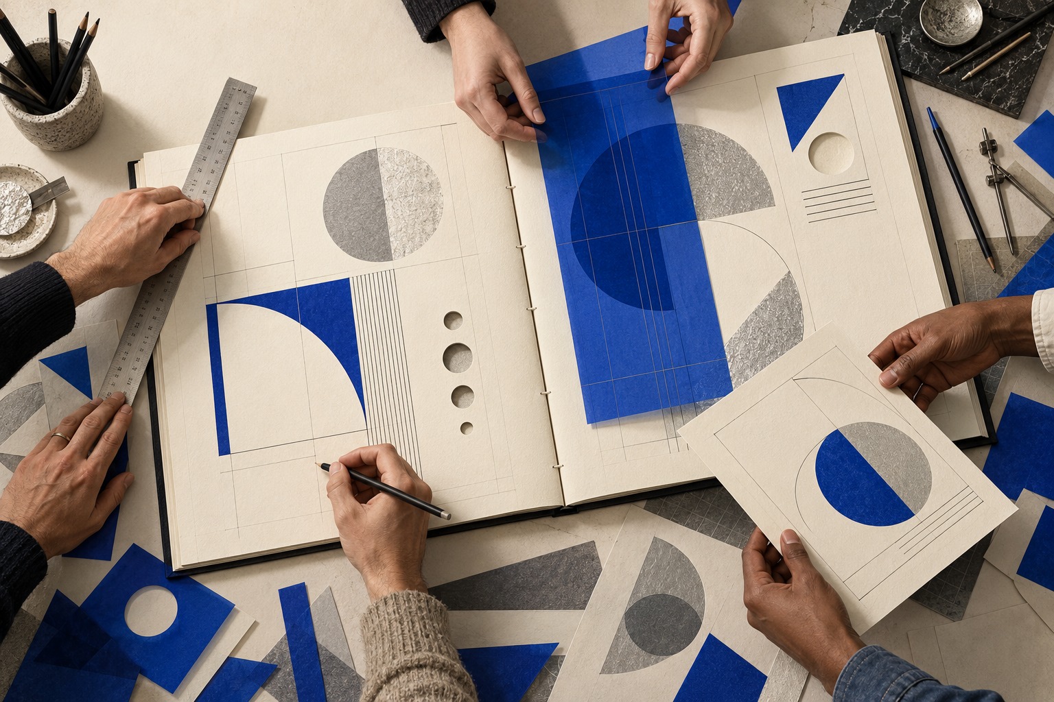 Editorial illustration of a shared creative workshop.