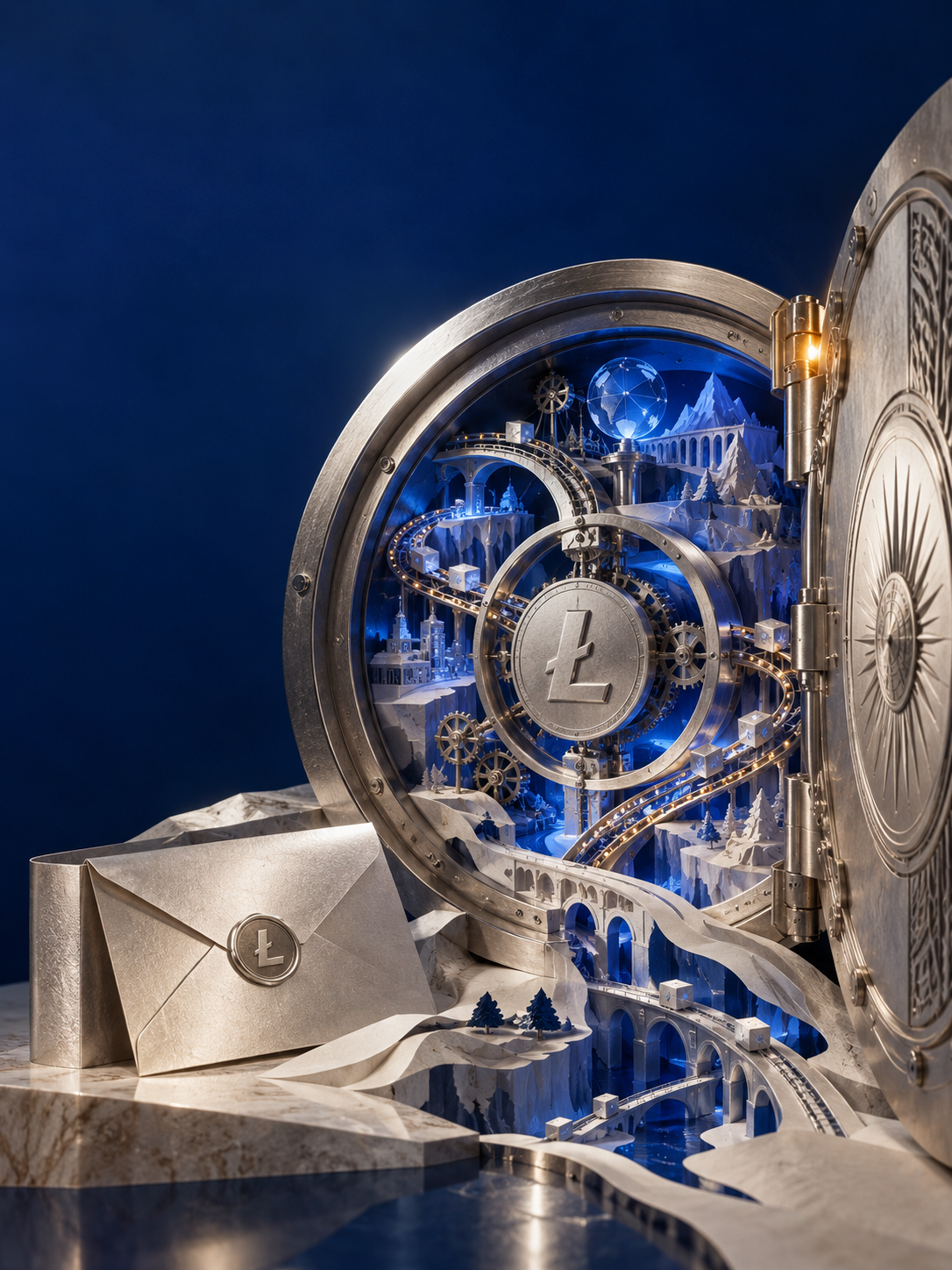 Conceptual silver archive opening onto a blue mechanical world.